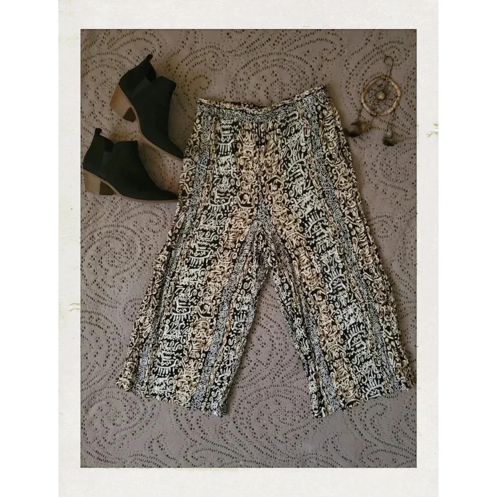 Vintage Brown Tribal Bohemian Wide Cropped Leg Flowy Travel Lounge Beach Pants